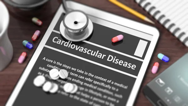 Compressa con "Malattia Cardiovascolare" sullo schermo, stetoscopio, pillole e oggetti sul desktop in legno . — Foto Stock