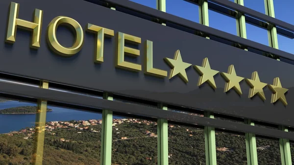 Metalliska hotel tecken styrelse med fem guldstjärnor och ön med seascape som bakgrund. — Stockfoto