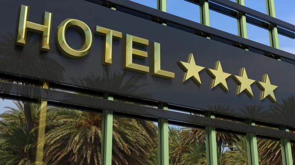 Placa de sinal de hotel de vidro metálico com quatro estrelas douradas, texto e palmeiras como fundo . — Fotografia de Stock