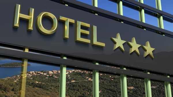 Letrero metálico del hotel con tres estrellas doradas e isla con paisaje marino como fondo . — Foto de Stock