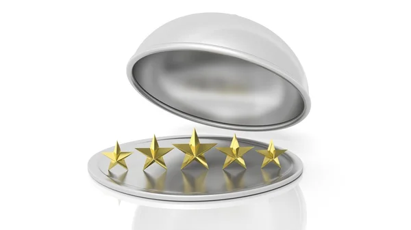 Five golden stars on silver plate with dome cover,isolated on white background — Stock Photo, Image