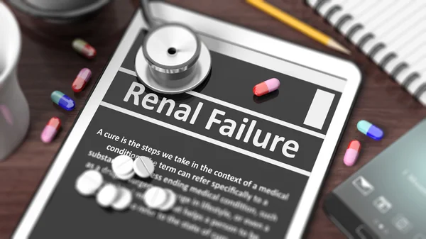 Comprimido com "Insuficiência Renal" na tela, estetoscópio, pílulas e objetos na área de trabalho de madeira . — Fotografia de Stock