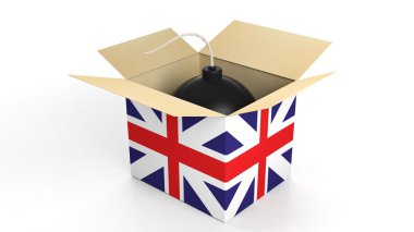 İngiltere, beyaz arka plan üzerinde izole bayrakla kutusuna bomba.