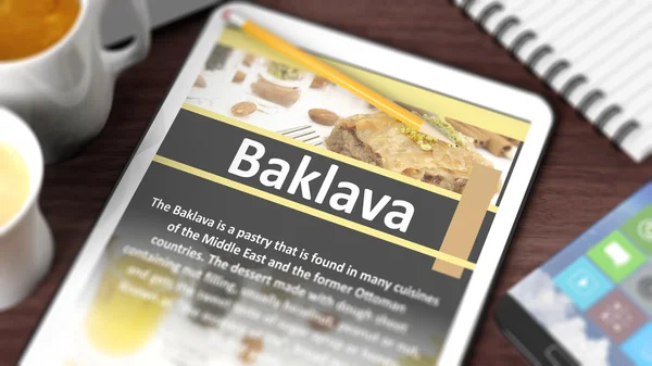 Plateau avec divers objets axés sur la tablette avec la recette de "Baklava" à l'écran — Photo