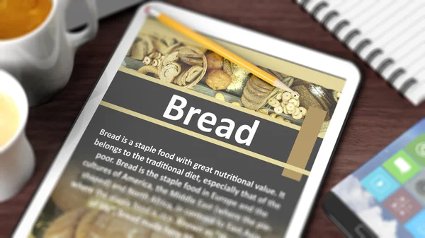 Tabletop with various objects focused on tablet with recipe of "Bread" on screen — Stock Photo, Image