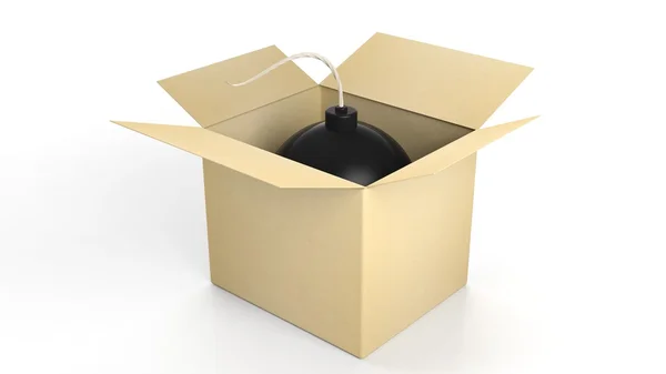 Bomba negra de bala de cañón en una caja, aislada sobre fondo blanco . — Foto de Stock