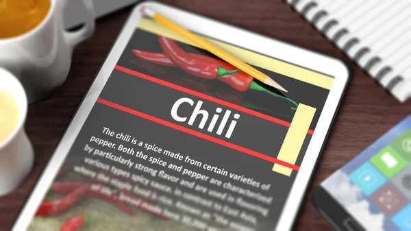 Tabletop mit verschiedenen Objekten auf dem Tablet mit "Chili" -Textinhalt auf dem Bildschirm — Stockfoto