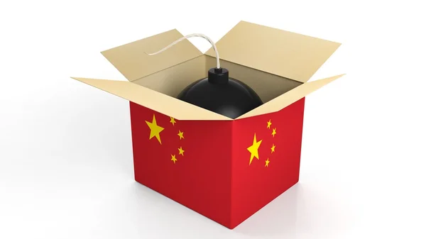 Bomb in box with flag of China, isolated on white background. — Zdjęcie stockowe