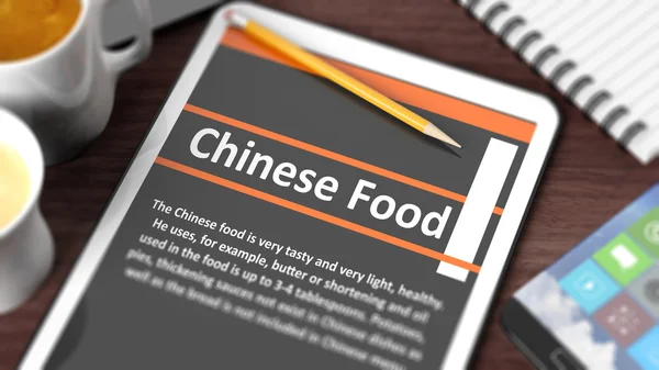 Plateau avec divers objets concentrés sur la tablette avec du texte "Chinese Food" à l'écran — Photo