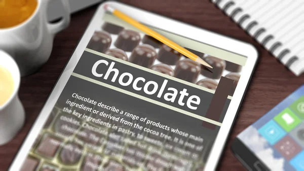 Tafelblad met verschillende voorwerpen gericht op tablet met recept van "chocolade" op het scherm — Stockfoto
