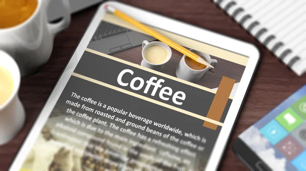 Ekranda "Kahve" içeriği ile tablet e odaklanmış çeşitli nesnelerle masa üstü — Stok fotoğraf