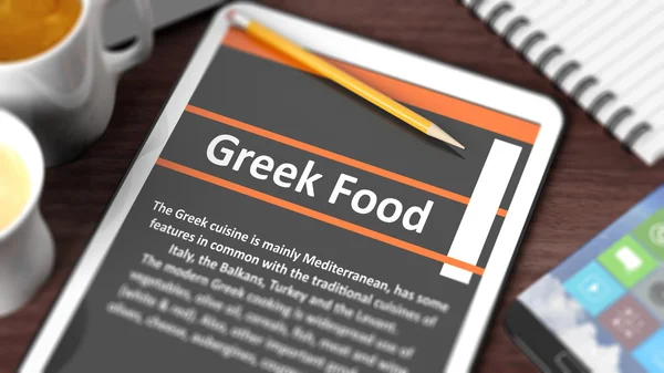 Plateau avec divers objets axés sur la tablette avec le contenu "Greek Food" à l'écran — Photo