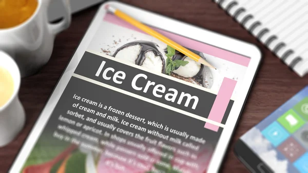 Tabletop with various objects focused on tablet with recipe of "Ice Cream"  on screen — Stock Photo, Image