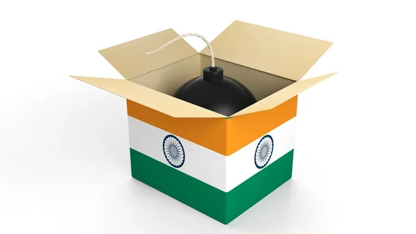 Bombe en boîte avec drapeau de l'Inde, isolée sur fond blanc . — Photo