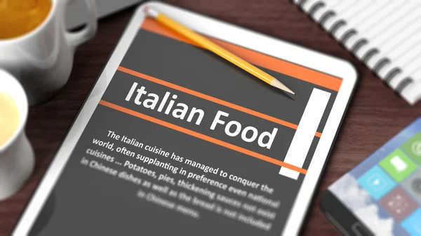 Tavolo con vari oggetti focalizzati su tablet con contenuti "Italian Food" sullo schermo — Foto Stock