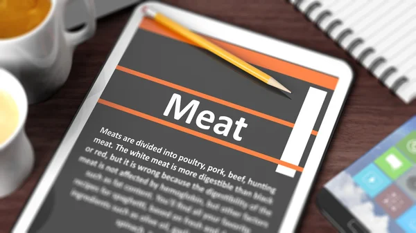 Tafelblad met verschillende objecten gericht op Tablet PC met "Vlees" inhoud op het scherm — Stockfoto