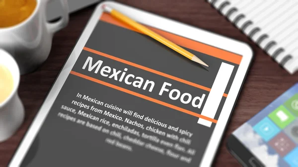 Tafelblad met verschillende objecten gericht op Tablet PC met "Mexicaans eten" inhoud op het scherm — Stockfoto