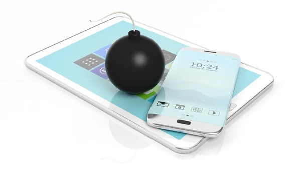 Чёрная пушечная бомба со смартфоном и планшетом, изолированная на белом фоне . — стоковое фото