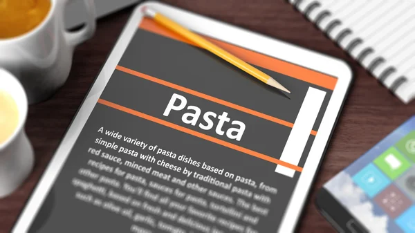 Tischplatte mit verschiedenen Objekten auf Tablet mit Rezept von "Pasta" auf dem Bildschirm konzentriert — Stockfoto