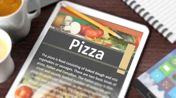 Tablero con varios objetos enfocados en la tableta con receta de "Pizza" en pantalla —  Fotos de Stock