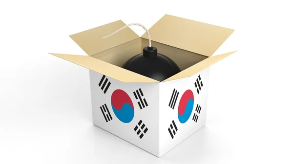 Bomb in box with flag of South Korea, isolated on white background. — Stock Photo, Image