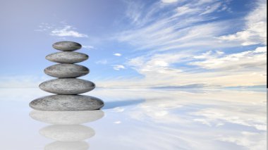 Zen taş yığınından büyük su huzurlu gökyüzü bulutlu yansıtan küçük.