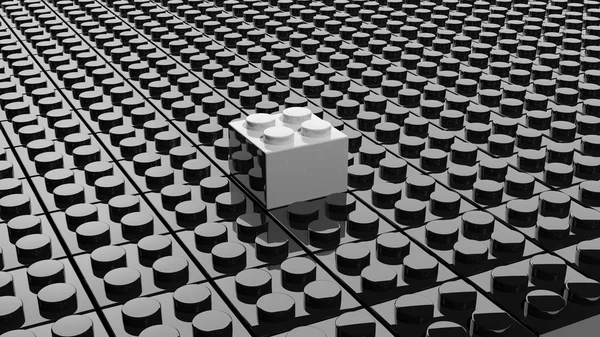Zwarte lego blokken in verband met een witte staande uit, abstracte achtergrond. — Stockfoto