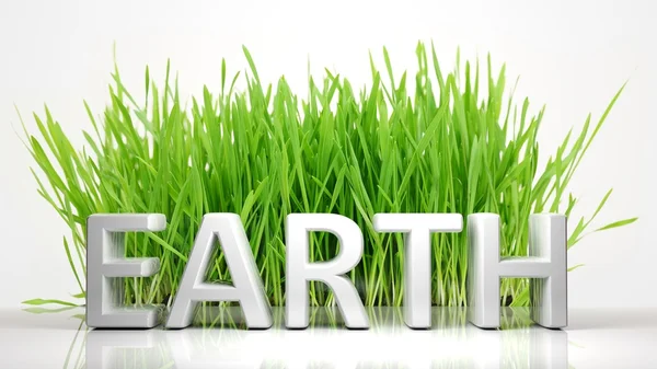 Zelená tráva s Earth 3d text, izolovaných na bílém pozadí. — Stock fotografie