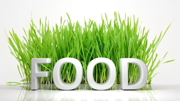 Πράσινο γρασίδι με τρόφιμα 3d κείμενο, που απομονώνονται σε λευκό φόντο. — Φωτογραφία Αρχείου