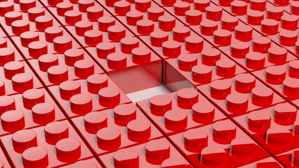 Rode lego blokken in verband met een ontbrekende abstracte achtergrond. — Stockfoto