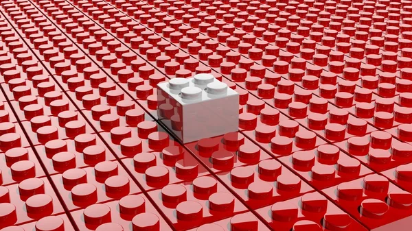 Связанные красные блоки Лего с одним белым выделяющимся, абстрактным фоном . — стоковое фото