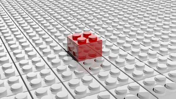 Bloques de lego blancos conectados con un rojo sobresaliendo, fondo abstracto . —  Fotos de Stock