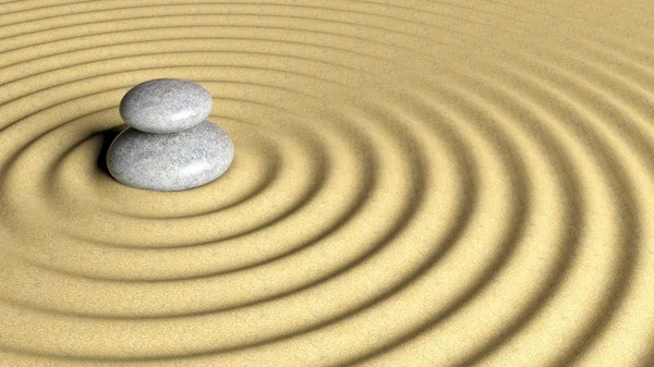 Balancing Zen stones stack from large to small on sand with circular ripples. — Stock Photo, Image