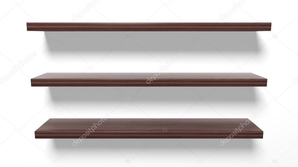 Empty wooden wall shelves, isolated on white background.