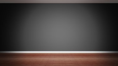 Oda iç, boş siyah duvar ve ahşap zemin
