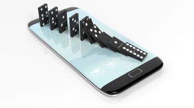 Black domino tiles falling in a row on smartphone screen, isolated on white
