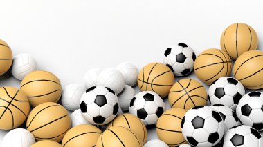 Basket, voleybol ve futbol topları, beyaz boşluk ile izole yığını.