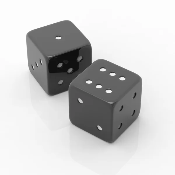 Due dadi neri uno e sei, isolati su sfondo bianco — Foto Stock