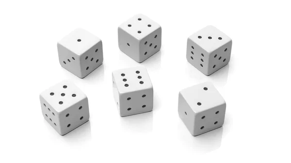 Sex vita tärningar med en till sex siffror, isolerad på vit bakgrund — Stockfoto