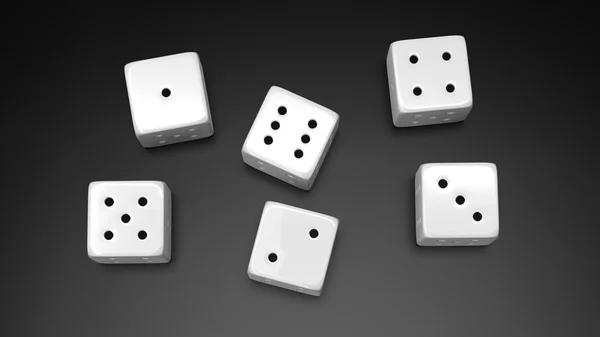 Six white dices with one to six numbers, isolated on black background — Stock Photo, Image