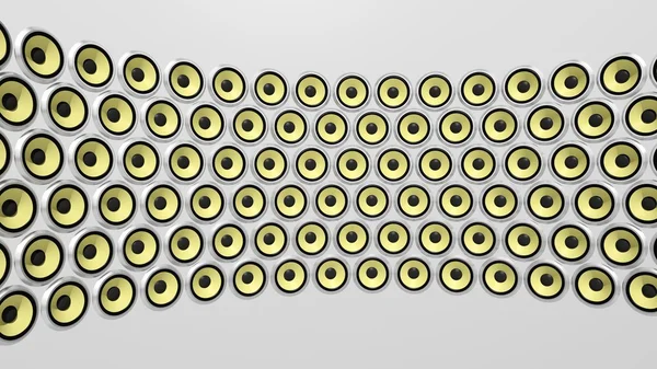 Wall of yellow speakers, isolated on white