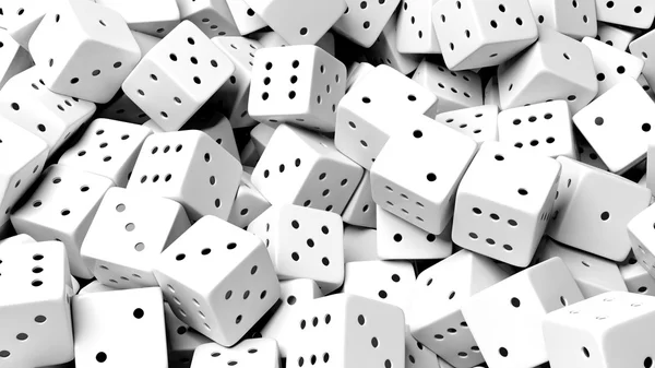 Abstract conceptual background with pile of random white dices, top view. — Stock Photo, Image