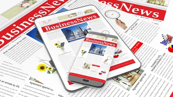 Tablet and smartphone with Business News website on screen, with newspapers underneath. — Zdjęcie stockowe