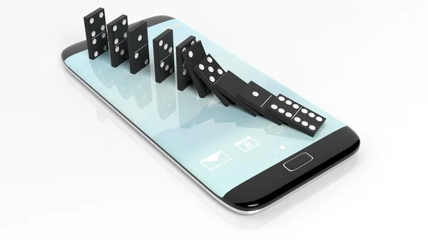 Black domino tiles falling in a row on smartphone screen, isolated on white — 图库照片