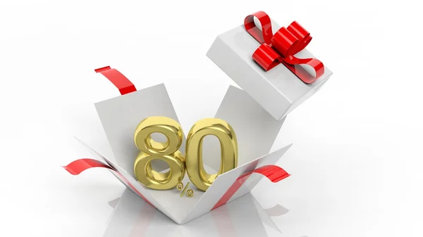 Open gift box with gold 80 percent number in it, isolated on white background. — Stok fotoğraf