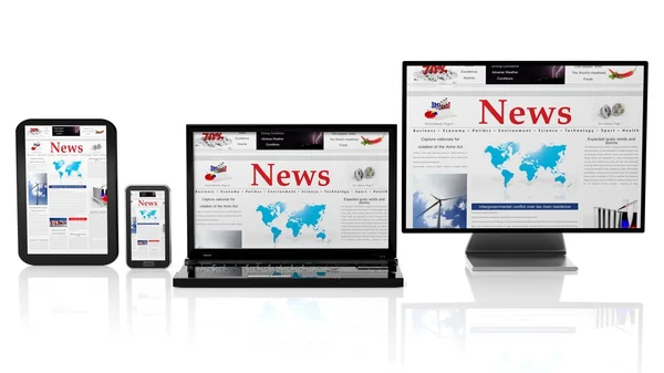 Tablet, smartphone, laptop e monitor con sito Web News sullo schermo, isolato su bianco . — Foto Stock