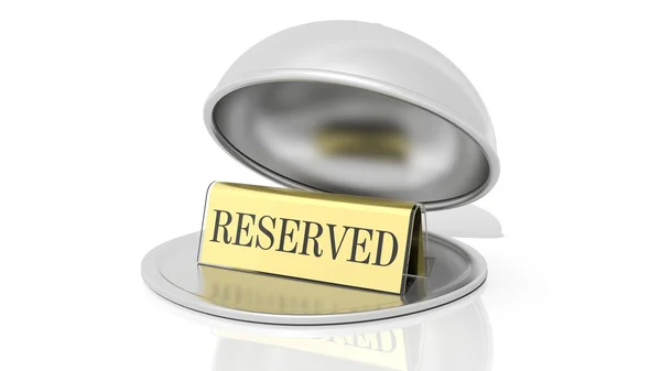 Golden reservation sign inside open serving dome dish, isolated on white. — Zdjęcie stockowe