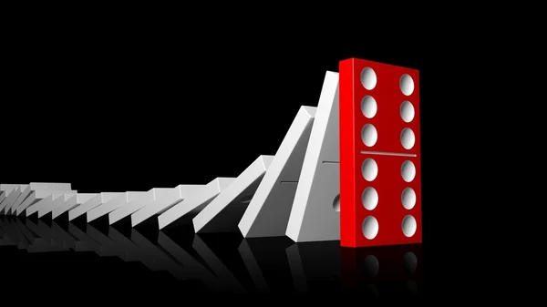 White domino tiles falling in a row on to red last one standing, isolated on black — Stockfoto