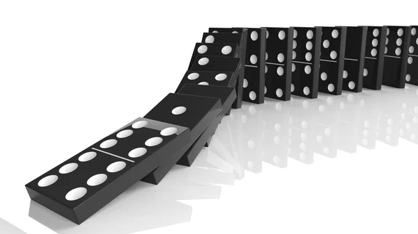 Baldosas de dominó negro que caen en una fila, aislado en blanco —  Fotos de Stock