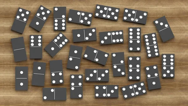 Black domino tiles set, on wooden background — 스톡 사진